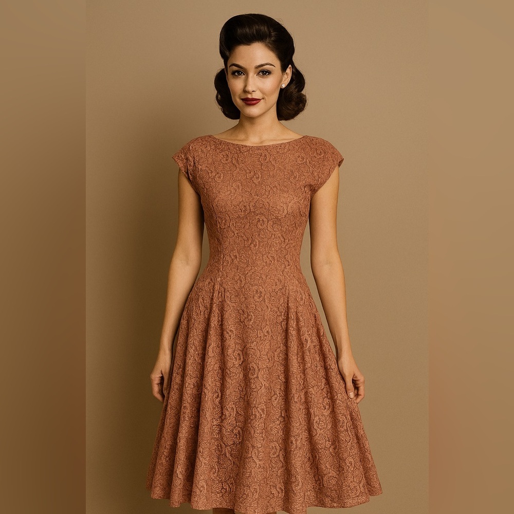 Vintage Post Wwii 1940s Lace Dusty Peach Rose Dress Handmade Midi Length Size S